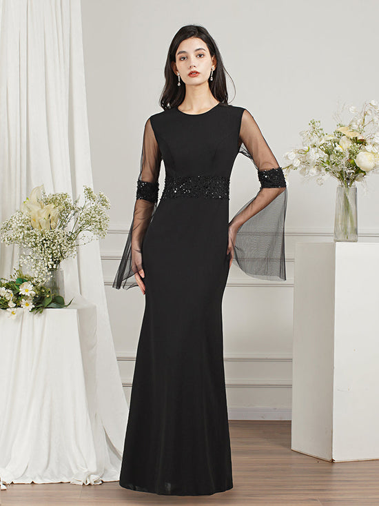 27Dress Black Long Mermaid Satin Formal Prom Dresses with Sleeves-27dress