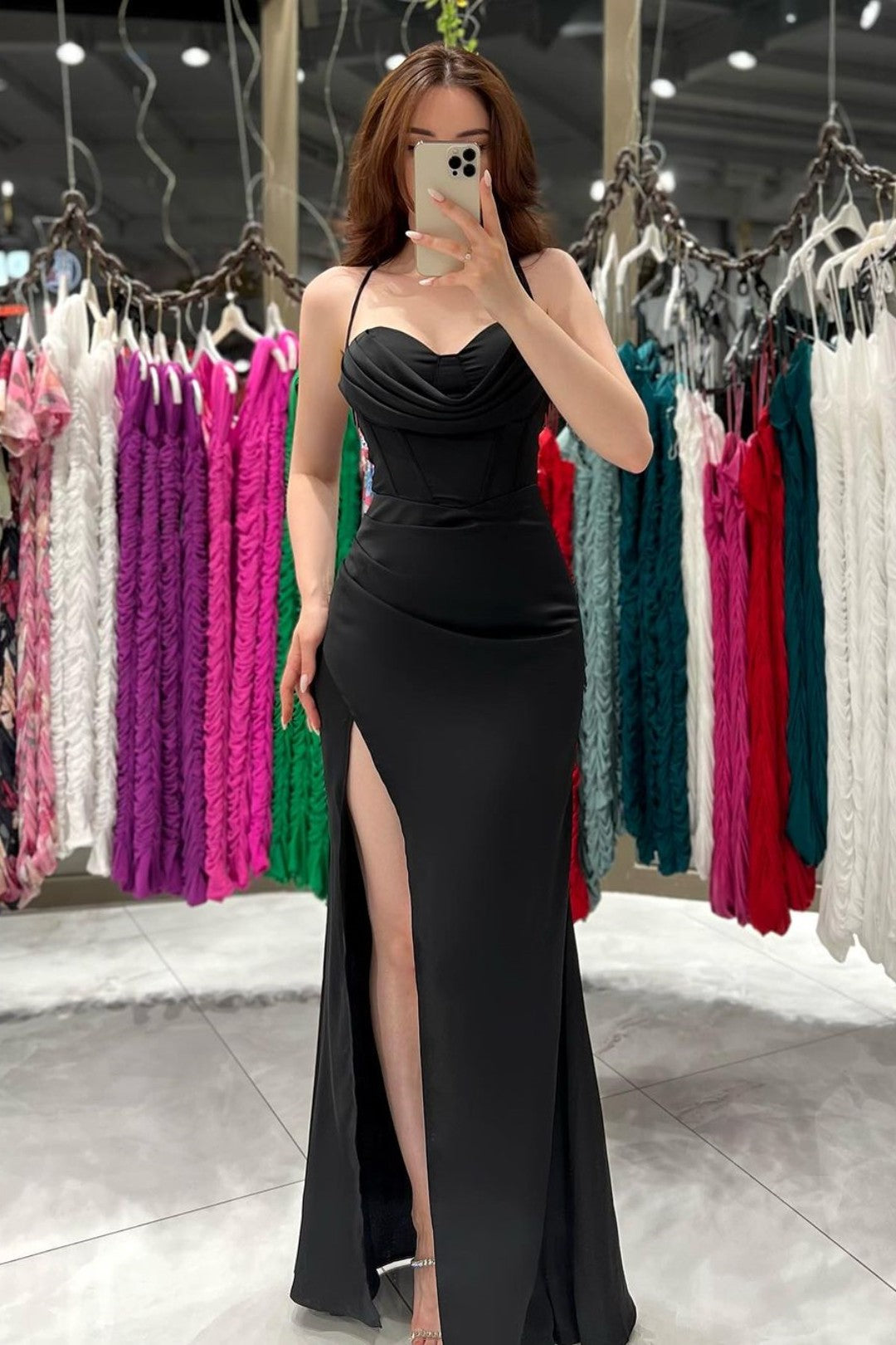 Black Spaghetti Strap Evening Dress Gown with High Slit