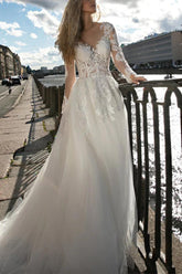 Elegant Long Sleeves A-Line Lace Tulle Floor Length Wedding Dresses