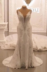 Classy Long Sweetheart Spaghetti Straps Appliques Lace Crystal Backless Wedding Dress