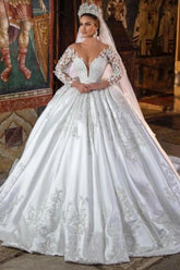 Long Sleeves Ball Gown Wedding Dress V-Neck With Lace Appliques