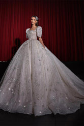 Luxury Long A-Line Bateau Tulle Half Sleeves Monarch Train Wedding Dresses