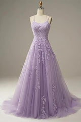 A-Line Square Neckline Spaghetti Straps Lace Long Prom Dress