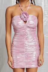 Metallic Halter Pink Rosette Pleated Mini Dress