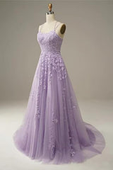 A-Line Square Neckline Spaghetti Straps Lace Long Prom Dress
