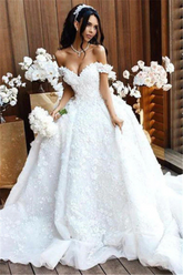 Luxury Long Ball Gown Off The Shoulder Appliques Lace Wedding Dresses