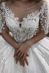 3/4 Sleeves Ball Gown Wedding Dress Lace Appliques With Beads-27dress