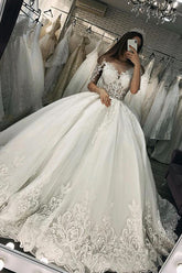 3/4 Sleeves Ball Gown Wedding Dress Lace Appliques With Beads-27dress