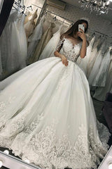 3/4 Sleeves Ball Gown Wedding Dress Lace Appliques With Beads-27dress