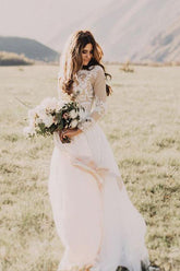 A-line Scoop Neck Tulle Wedding Dress with Appliques Lace & Sweep Train