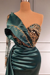 Dark Green Beaded Mermaid Long Sleeve Lace Evening Dress with Appliques