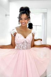 Glitter Pink A-Line Corset Tulle Short Homecoming Dress with Feathers