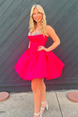 Trendy Fuchsia Corset A Line Strapless Short Homecoming Dress with Beadings