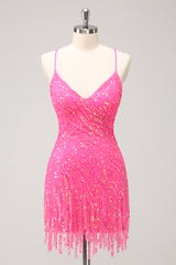 Sparkly Gold Sequined Spaghetti Straps Tight Short Homecoming Dress With Fringes