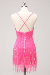 Sparkly Gold Sequined Spaghetti Straps Tight Short Homecoming Dress With Fringes