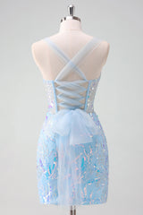 Sparkly Light Blue Sequins Corset Tight Short Homecoming Dress