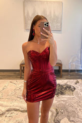 Strapless Burgundy Satin Corset Tight Short Homecoming Dress