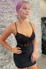 Sparkly Black Corset Tight Short Homecoming Dress With Appliques