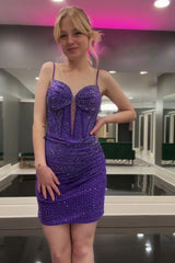 Dark Purple Sparkly Corset Tight Short Homecoming Dress With Beadings