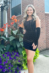 Sparkly Black Beaded Corset Tight Short Homecoming Dress With Detachable Sleeves