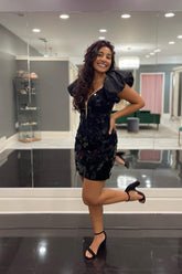 Black Mirror Tight Short Homecoming Dress With Puff Sleeves