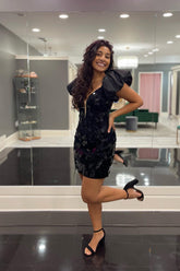 Black Mirror Tight Short Homecoming Dress With Puff Sleeves