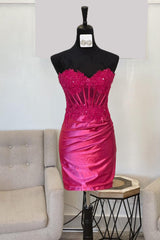 Fuchsia Strapless Tight Corset Short Homecoming Dress with Lace
