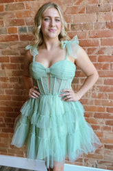 Green Spaghetti Straps Corset A-Line Short Homecoming Dress