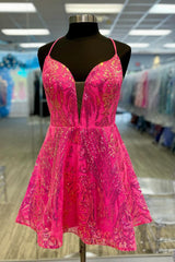 Sparkly Fuchsia A-Line Backless Short Homecoming Dress