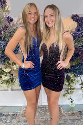 Sparkly Royal Blue Spaghetti Straps Velvet Tight Short Homecoming Dress