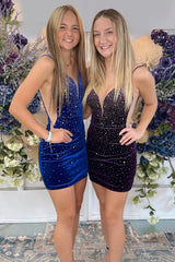 Sparkly Royal Blue Spaghetti Straps Velvet Tight Short Homecoming Dress