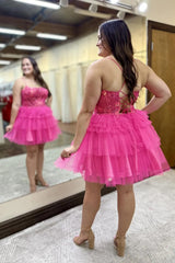 Hot Pink A Line Spaghetti Straps Corset Short Homecoming Dress