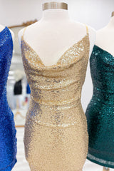 Spaghetti Straps Golden Bodycon Short Homecoming Dress with Sequins