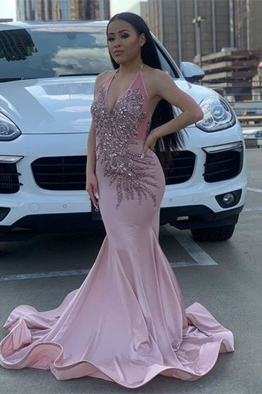 Halter Fantasy Pink Evening Dress Sleeveless with Beadings