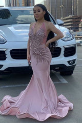 Halter Fantasy Pink Evening Dress Sleeveless with Beadings