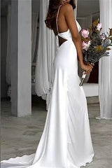 Sheath Spaghetti Sleeveless Satin Wedding Dress with Sweep Train