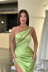Light Green One-Shoulder Sleeveless Long Slit Evening Dress