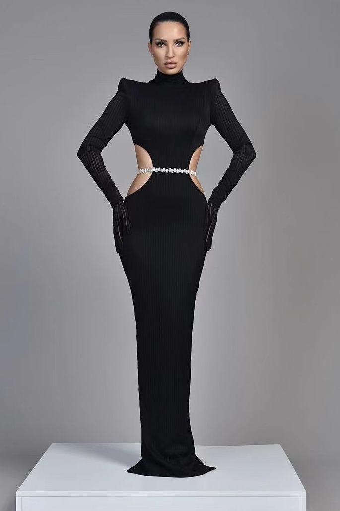 Long Sleeves Mermaid Evening Dress High Neck with Belt