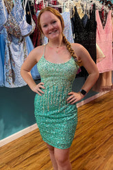 Sparkly Green Sequins Lace-Up Back Tight Homecoming Dress