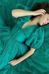 Dark Green V-Neck Short Sleeve A-Line Evening Dress On Sale