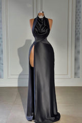 Black Long Halter Evening Dress with High Slit and Pleats