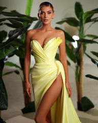 Luminous Yellow Strapless Long Evening Dress with High Slit, Pleats, and Beads