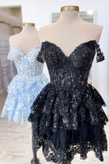 Sparkly Black Corset Tiered Lace A-Line Short Homecoming Prom Dress