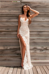 Lace Spaghetti-Strap Prom Dress Women's Evening Dress with Slit
