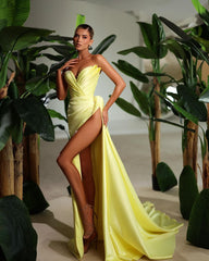 Luminous Yellow Strapless Long Evening Dress with High Slit, Pleats, and Beads
