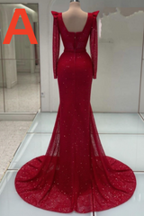 Gorgeous Mermaid Square Neckline Sequined Appliques Long Prom Dress with Sleeves