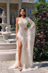 Heavy White Tulle One Shoulder Evening Dress with High Slit