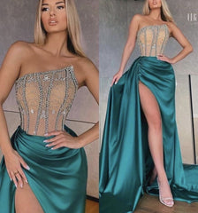Green Strapless Evening Dress with High Slit and Sequins