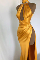 Elegant Sexy Champagne Gold Evening Dress Off-the-Shoulder High Neck with Pleated Slit