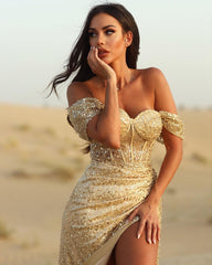 Off-the-Shoulder Champagne Sequined Evening Gown
